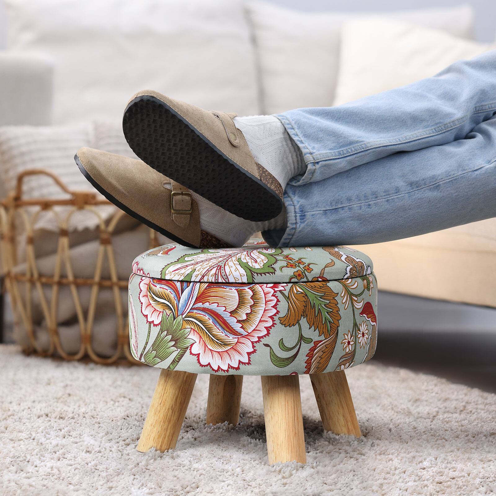 Alt View 4. Oumilen - Round Floral Fabric Storage Ottoman Foot Stool with Wooden Legs - Flower.