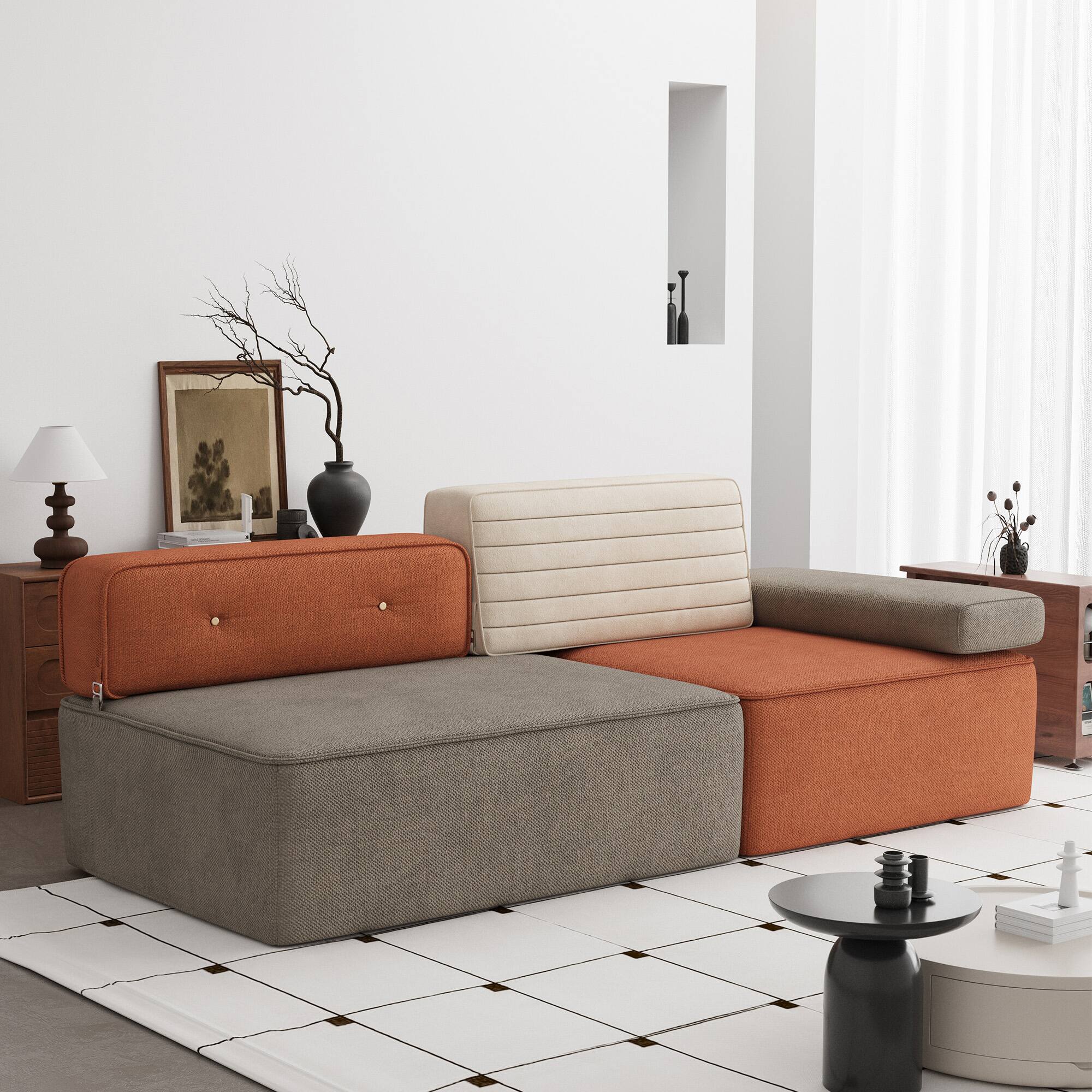 Front. luck idea - 79.9" Modular Color-Block Sofa, Flannel Fabric, Removable & Washable Design - Orange.