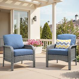 Ovios - 2 PCS Patio Furniture, Single High Back Chair, Rattan Outdoor Armchair with Cushion - Denim Blue
