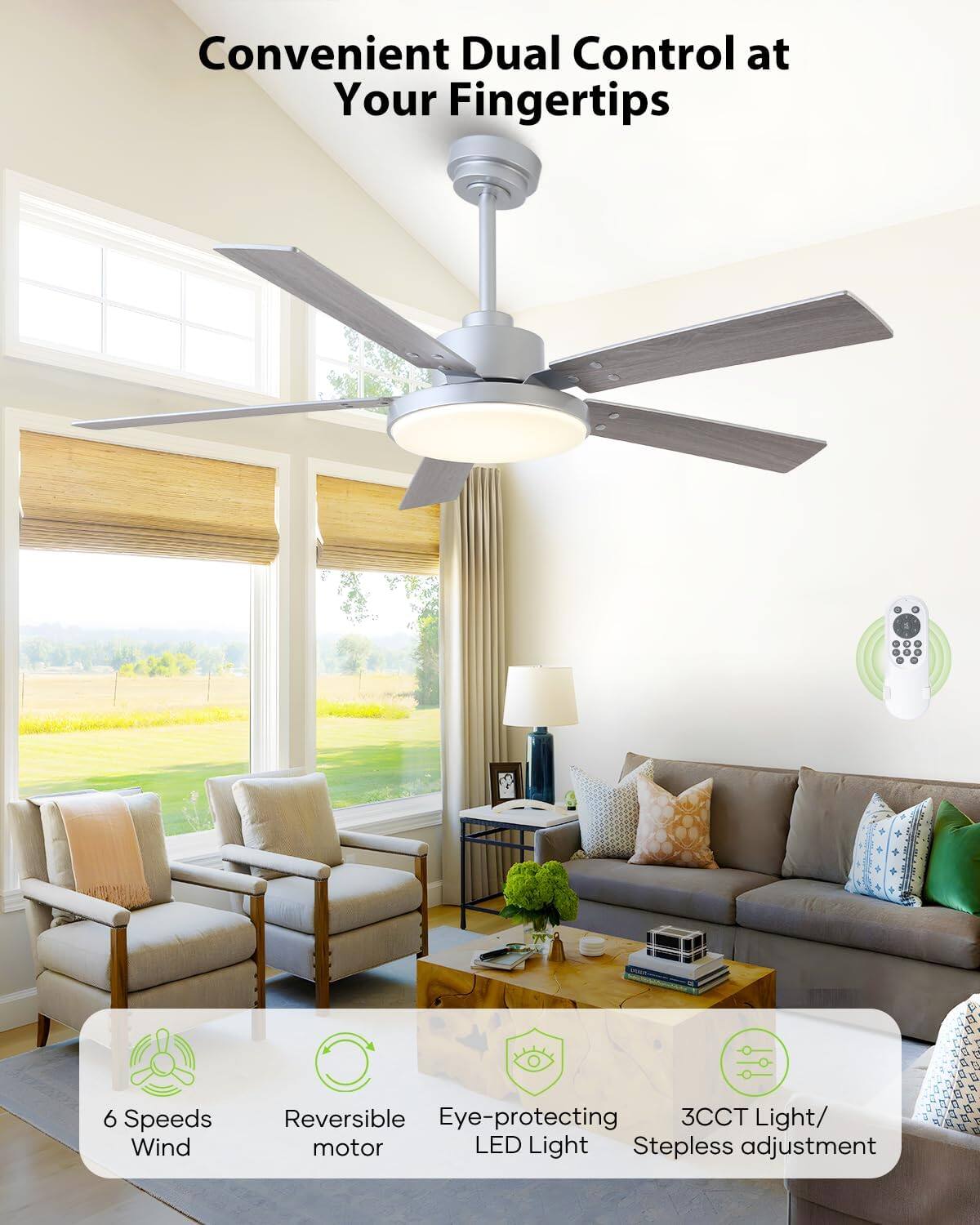 Convenient Dual Control at Your Fingertips

- 6 Speeds Wind
- Reversible motor
- Eye-protecting LED Light
- 3CCT Light/ Stepless adjustment