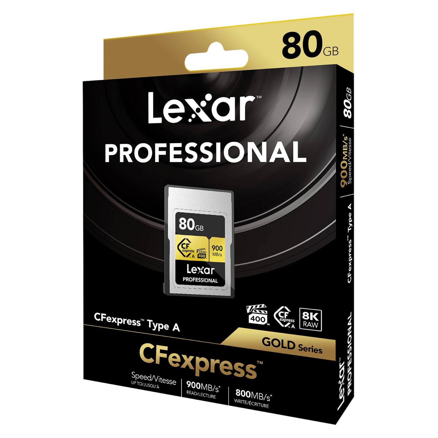 80GB Lexar PROFESSIONAL CFexpress Type A  
Speed/Vitesse: UP TO 900MB/s READ/LECTURE  
WRITE/CRITURE: 800MB/s  
GOLD Series  
CFexpress™ Type A  
8K RAW  
400 MB/s