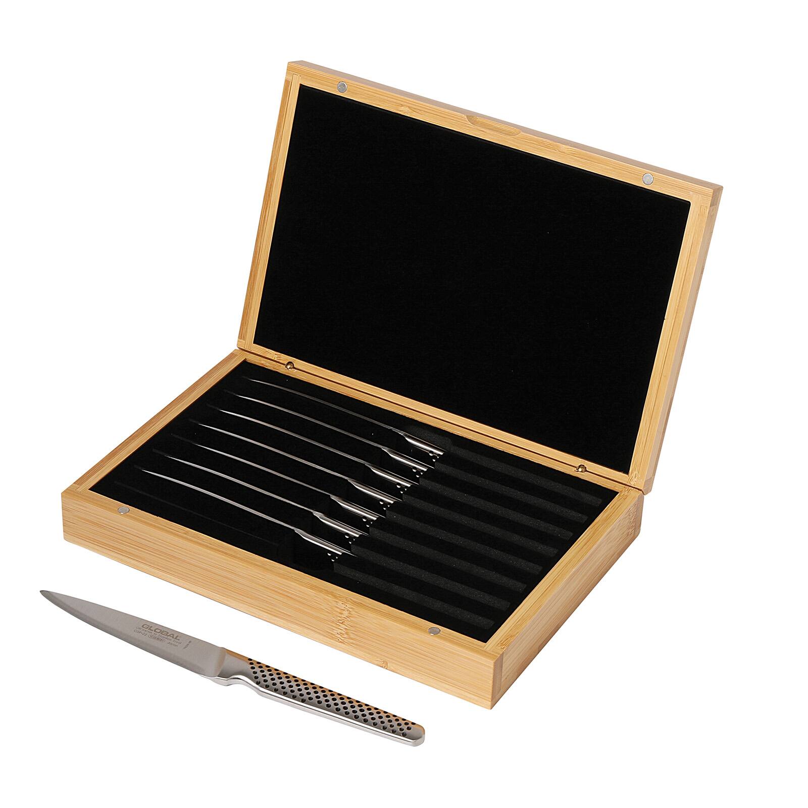 Front. Global - 8-Piece Steak Knife Set with Bamboo Box - Silver.