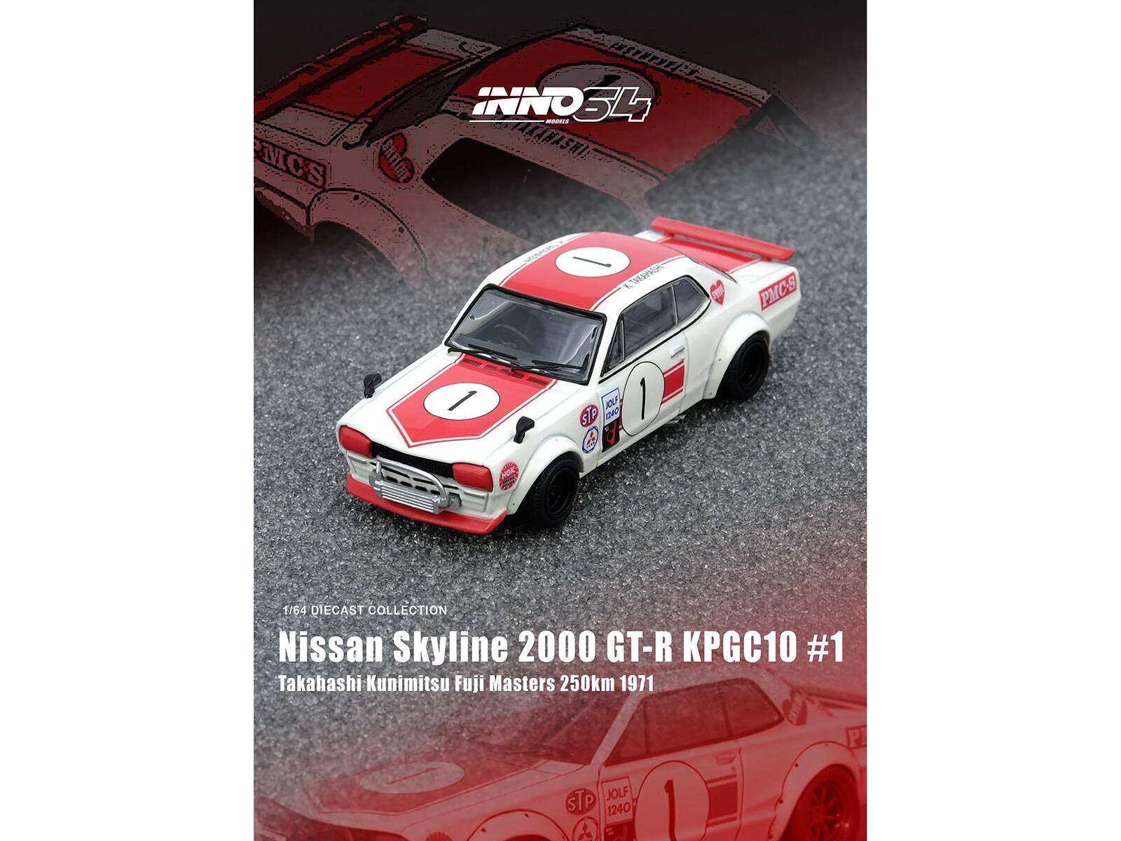 Sure, here is the corrected and grouped text:

---

**1/64 Diecast Collection**

**Nissan Skyline 2000 GT-R KPGC10 #1**

**Takahashi Kunimitsu Fuji Masters 250km 1971**

**Inno34 Models**

**PMC**

**STP**

**JOLF 1240**

---

This text is organized based on the image provided.
