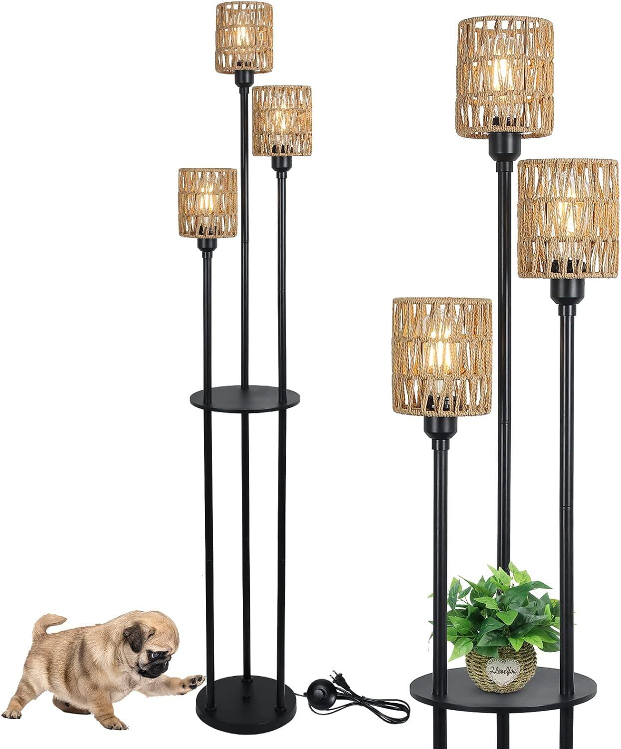 Front. Z-Edge - Boho Floor Lamp with Shelves, 3-Lights Farmhouse Tall Floor Lamp,Rustic Standing Lamp with Rattan Shades for Living Room - Black.