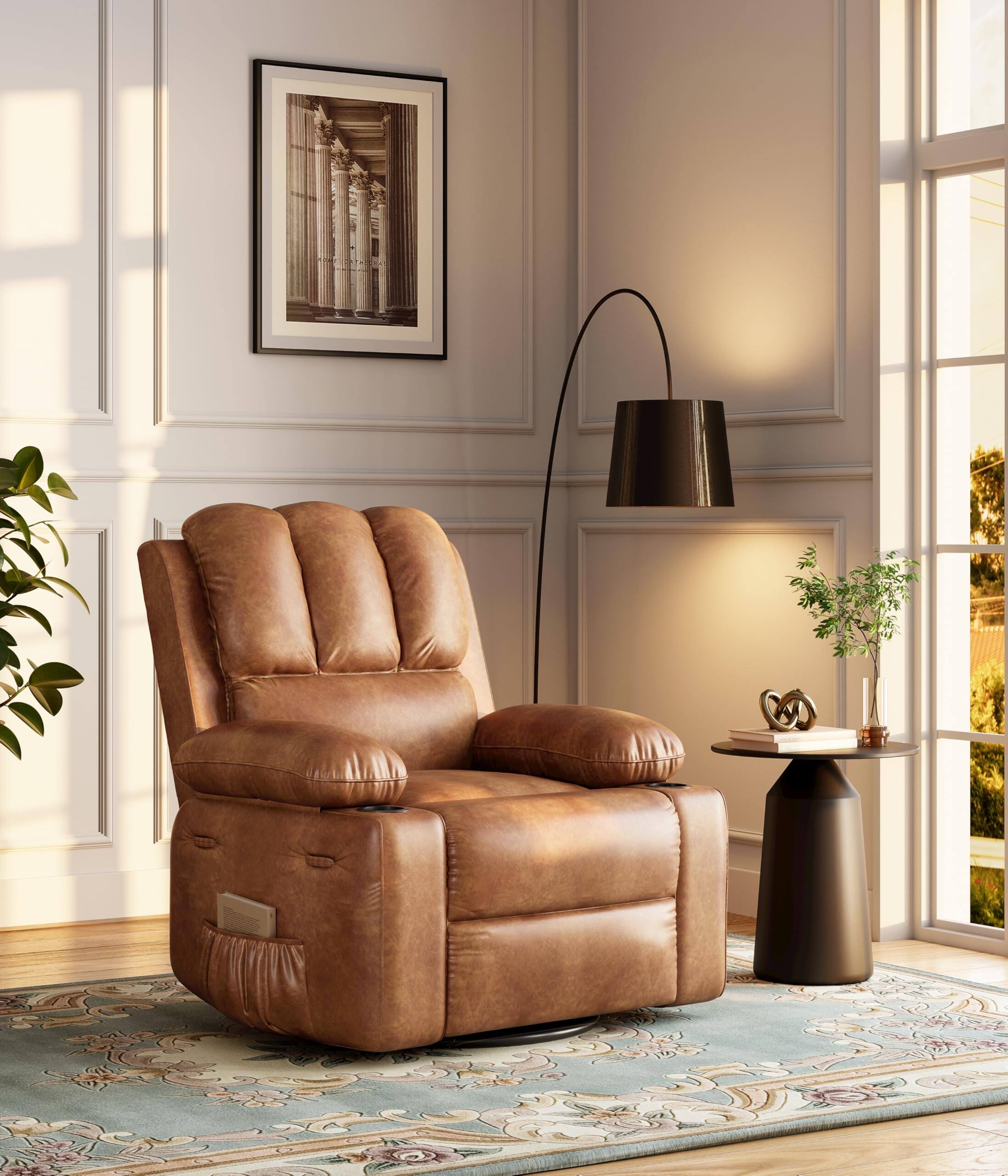 Front. Babevy - 37.4" Wide Manual Recliner Chair, Swivel Nursery Recliner with Side Pocket and Cup Holder - Cagnac.