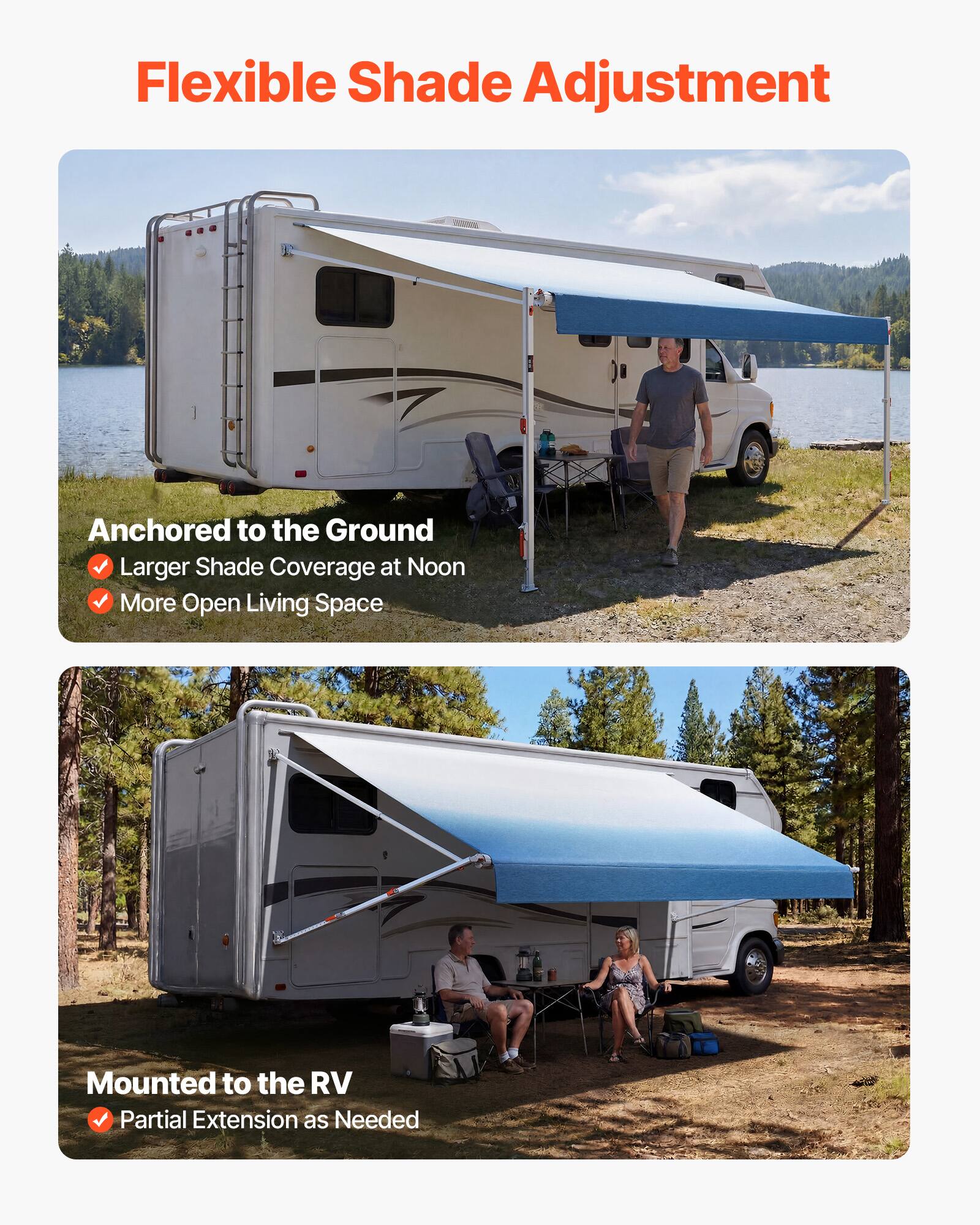 Flexible Shade Adjustment

- Anchored to the Ground
  - Larger Shade Coverage at Noon
  - More Open Living Space

- Mounted to the RV
  - Partial Extension as Needed