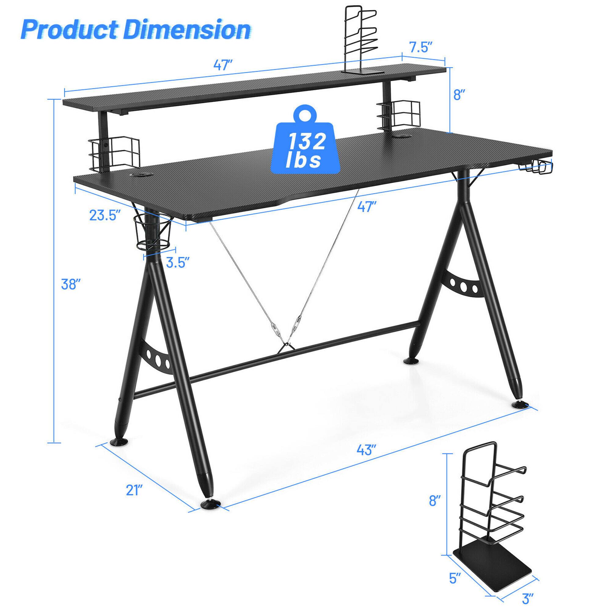 Product Dimension: 47" x 7.5" x 8" (132 lbs)

The image features a black table with a blue tag attached to it, indicating the product's dimensions and weight. The table is a foldable desk, which can be easily stored when not in use. The dimensions provided are 47" x 7.5" x 8" and it weighs 132 lbs. The table is designed to be sturdy and functional, making it a practical choice for various purposes.