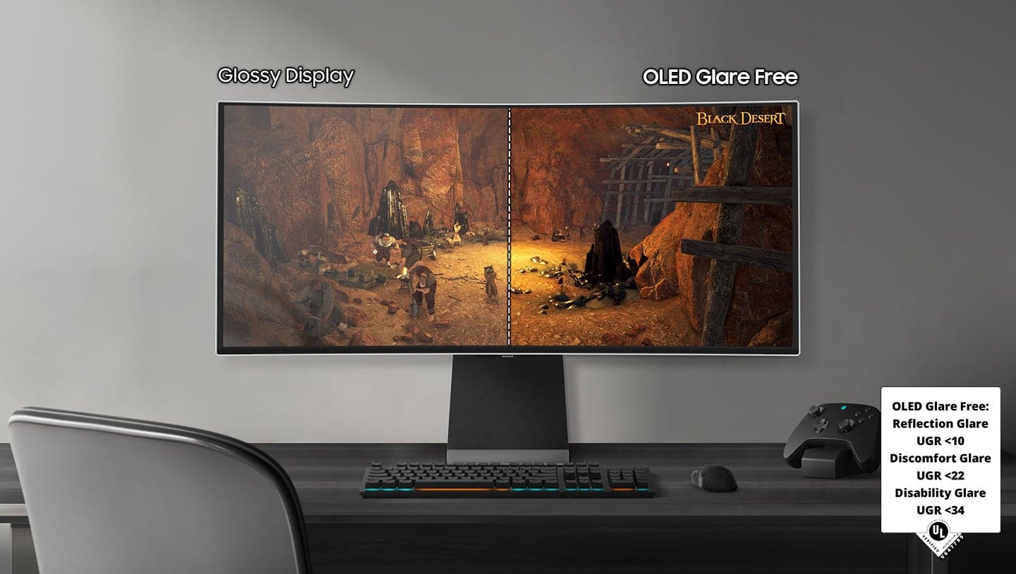 The text on the image reads: "Glossy Display OLED Glare Free BLACK DESERT OLED Glare Free: Reflection Glare UGR <10 Discomfort Glare UGR <22 Disability Glare UGR <34." This text is describing the features of the OLED display, which is designed to minimize glare and provide a comfortable viewing experience. The display is glossy and has a black desert theme. The UGR (Unified Glare Rating) values indicate that the display meets specific standards for reflection glare, discomfort glare, and disability glare, ensuring a high-quality viewing experience.