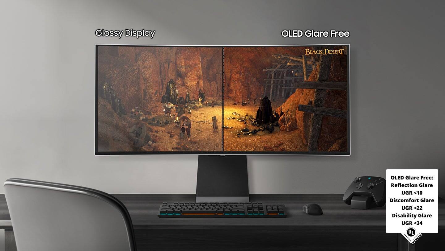 The text on the image reads: "Glossy Display OLED Glare Free BLACK DESERT OLED Glare Free: Reflection Glare UGR <10 Discomfort Glare UGR <22 Disability Glare UGR <34." This text is describing the features of the OLED display, which is designed to minimize glare and provide a comfortable viewing experience. The display is glossy and has a black desert theme. The UGR (Unified Glare Rating) values indicate that the display meets specific standards for reflection glare, discomfort glare, and disability glare, ensuring a high-quality viewing experience.