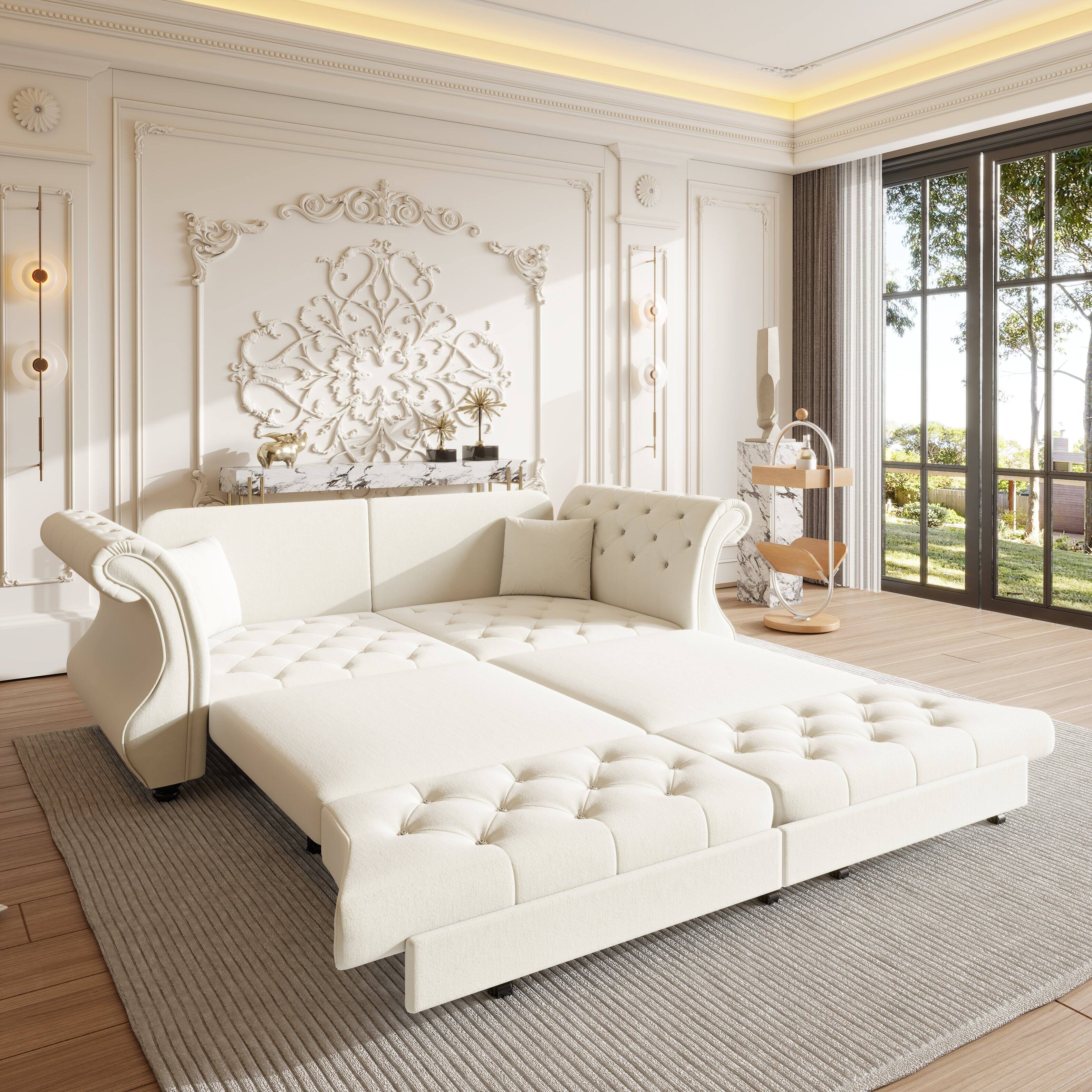 Angle. Anysun - 83.8" Oversized Velvet Chesterfield Pull-Out Sofa Bed - Classic Roll Arm, Flower Tufting for Living Room - White.