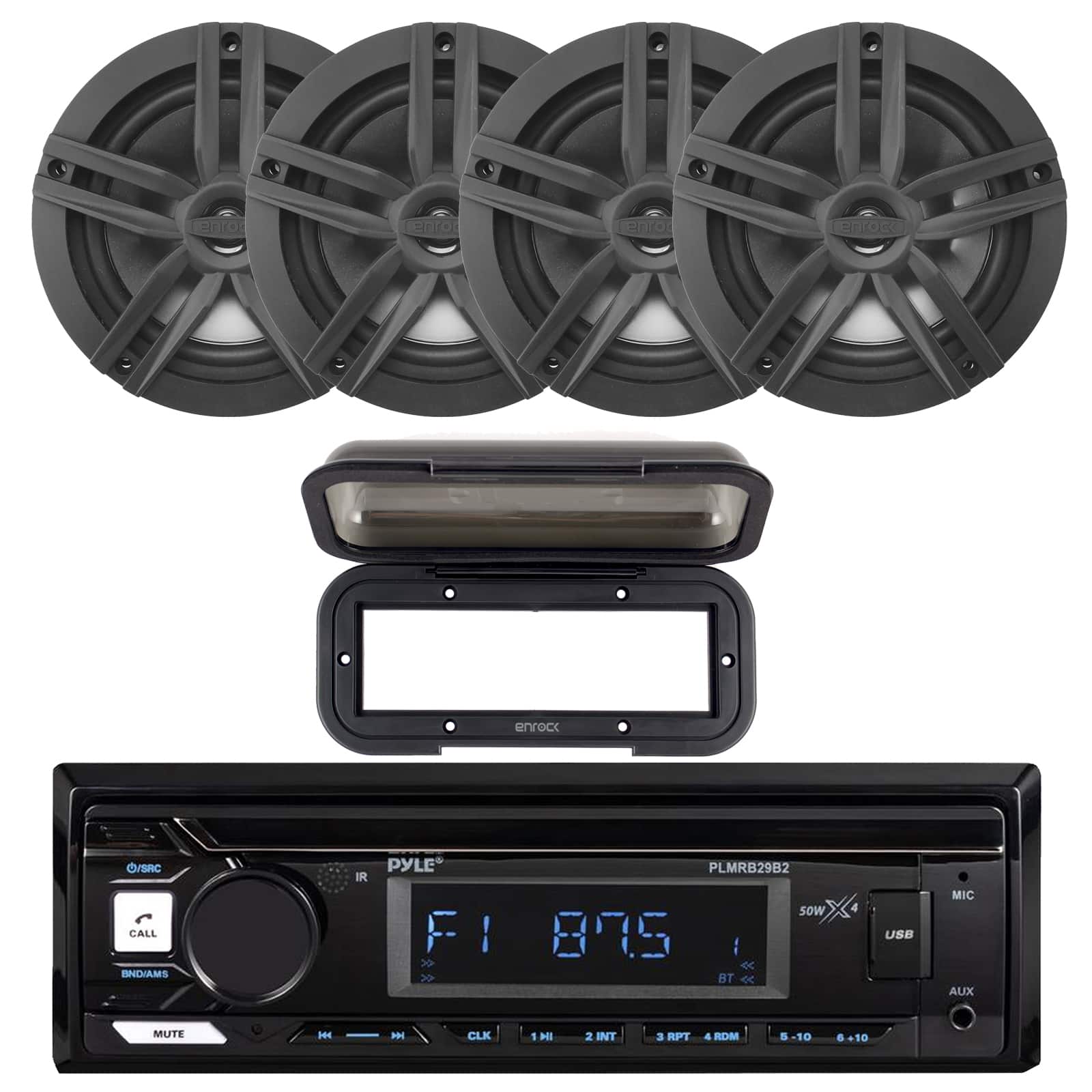 Pyle - Marine USB Bluetooth AM/FM Receiver w/Cover, 4x 6.5" 180 Watt Max Power 2-Way Boat Audio Black Speakers