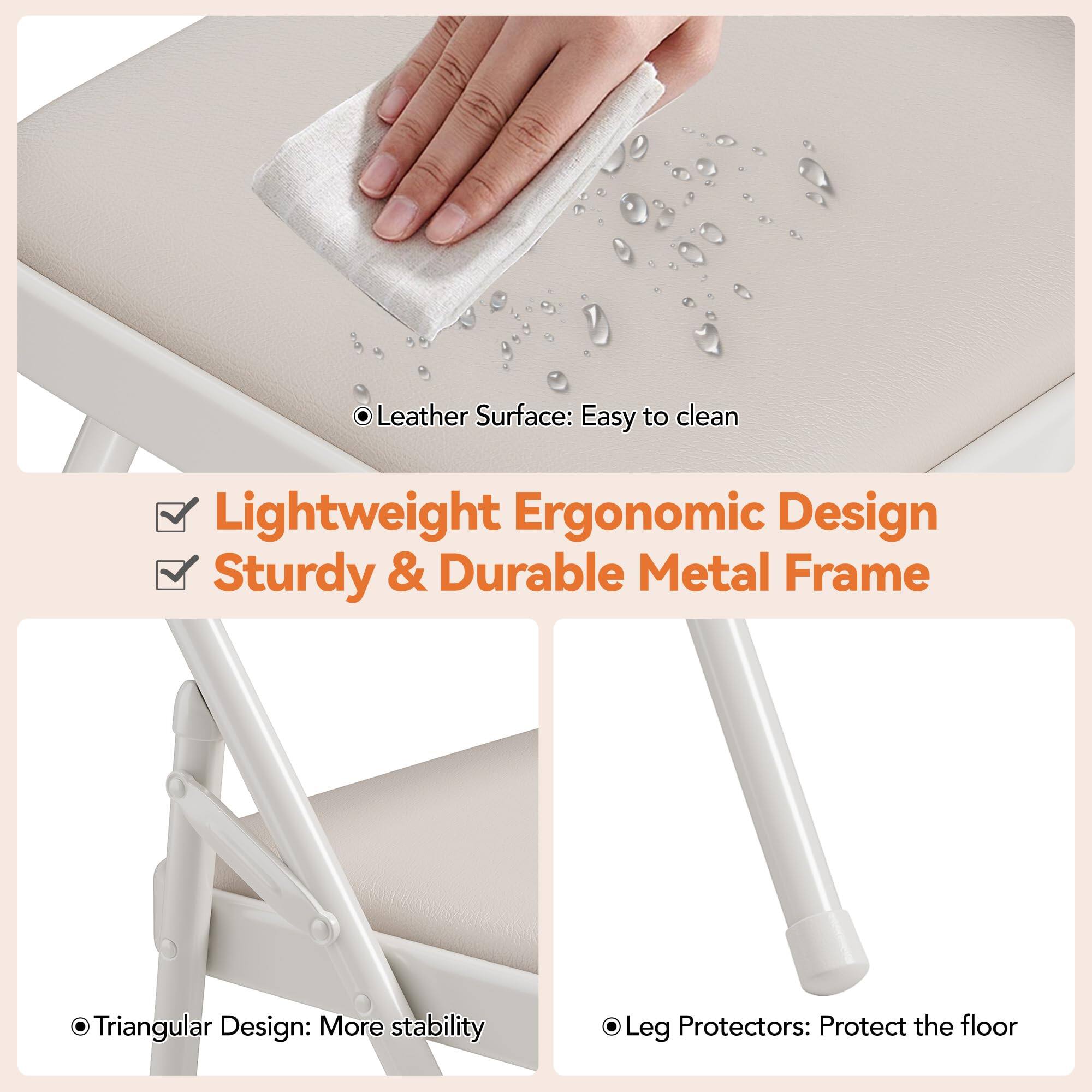 - Leather Surface: Easy to clean
- Lightweight Ergonomic Design
- Sturdy & Durable Metal Frame
- Triangular Design: More stability
- Leg Protectors: Protect the floor