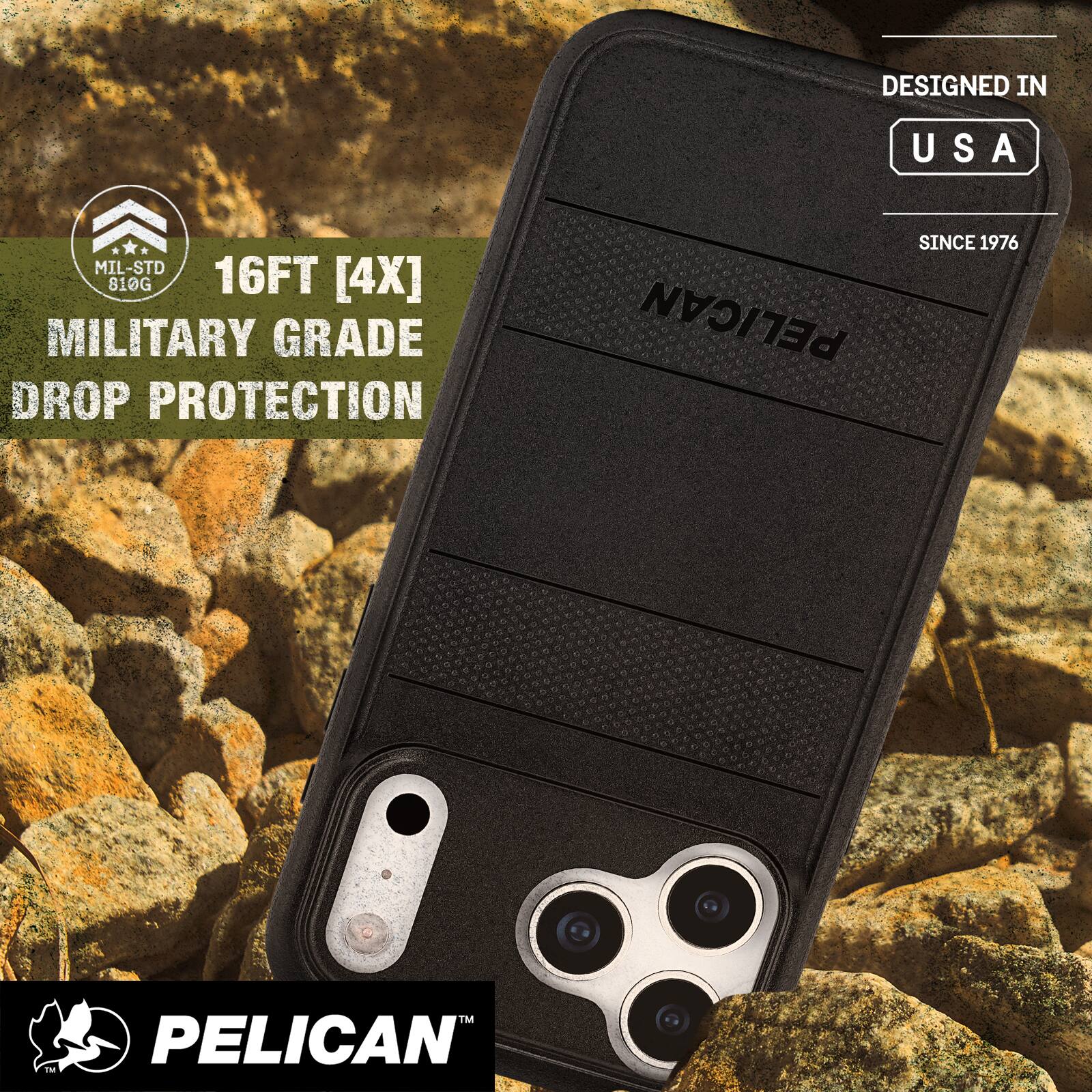 DESIGNED IN USA  
SINCE 1976  

MIL-STD 810G  
16FT [4X]  
MILITARY GRADE DROP PROTECTION  

PELICAN