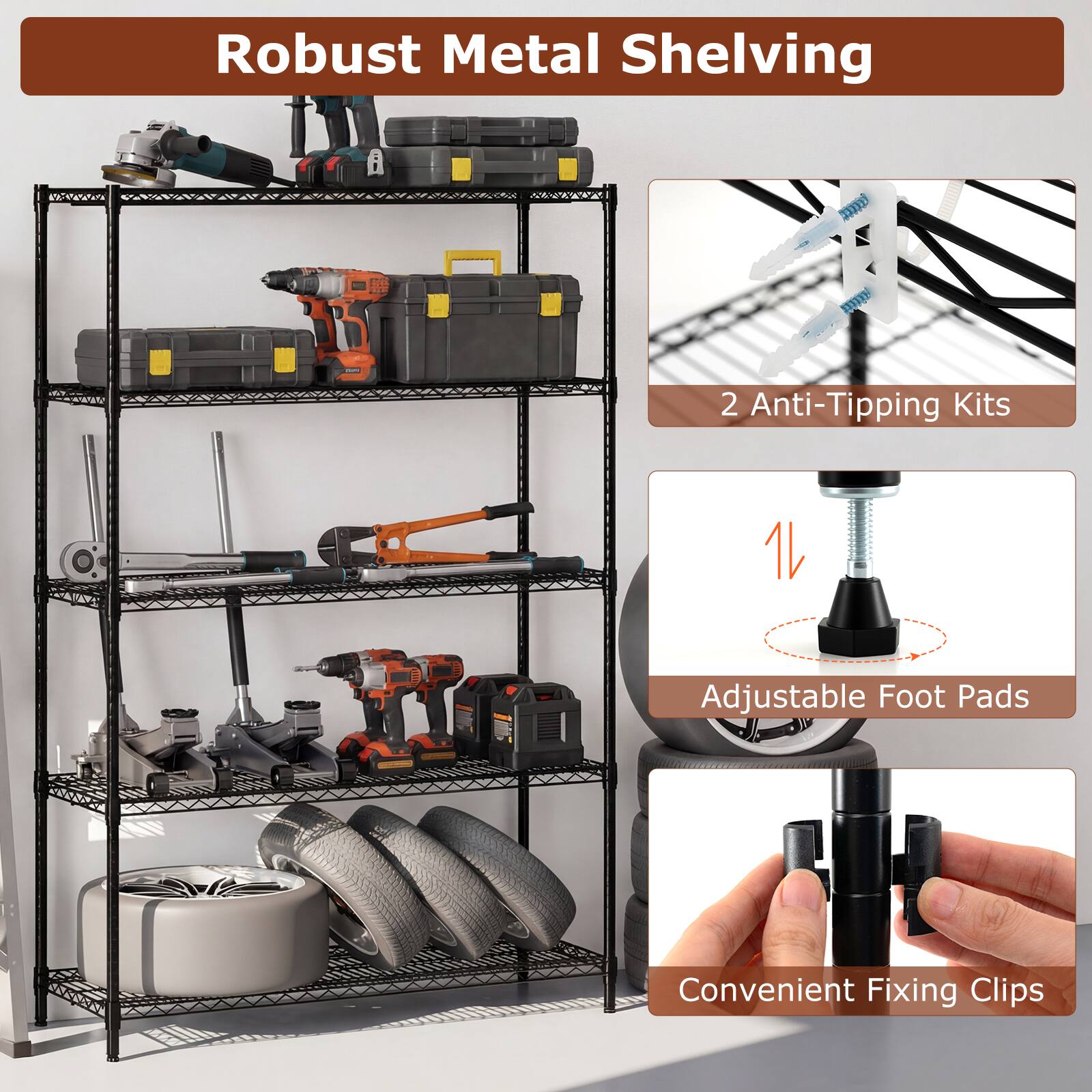 Robust Metal Shelving

- 2 Anti-Tipping Kits
- 1 Adjustable Foot Pads
- Convenient Fixing Clips