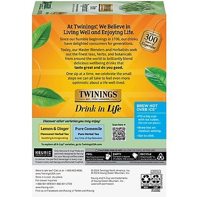 At Twinings, we believe in living well and enjoying life. Since our humble beginnings in 1706, our drinks have delighted consumers for generations. Today, our Master Blenders and Herbalists seek out the finest teas, herbs, and botanicals from around the world to brilliantly blend delicious wellbeing drinks that taste great and do you good. One sip at a time, we celebrate the small steps we can all take to feel even more optimistic about a life well-lived.

TWININGS

Drink in Life

Discover other varieties you may enjoy!
Scan here

Lemon & Ginger
Pure Camomile
Flavoured Herbal Tea
Pure Herbal Tea
Sooching & Day

BREW HOT
Fill a big cup with ice cubes.
Brew hot on medium setting.
Stir to chill.

BREW OVER ICE
Fill a big cup with ice cubes.
Brew hot on medium setting.
Stir to chill.

To explore all K-Cup varieties, go to TwiningsUSA.com

KEURIC KC by PEEL EMPTY RECYCLE

CAUTION: Do not use gas.

For a big cup with ice, use a 12 oz. cup.

Store cool.

For more information, call 1-800-8