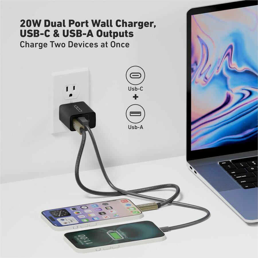 20W Dual Port Wall Charger, USB-C & USB-A Outputs  
Charge Two Devices at Once  

USB-C + USB-A