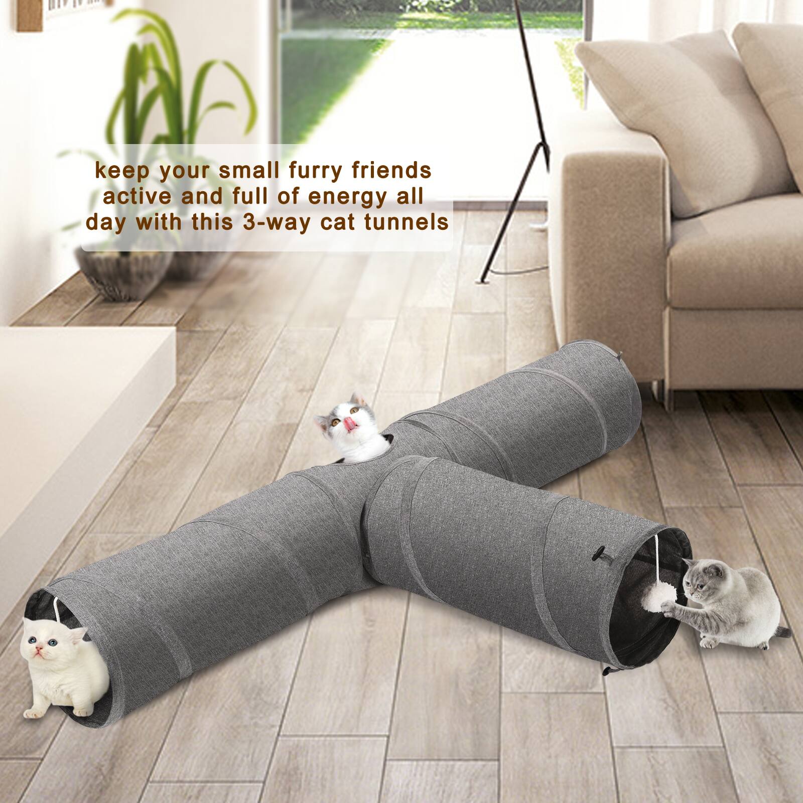 keep your small furry friends active and full of energy all day with this 3-way cat tunnels