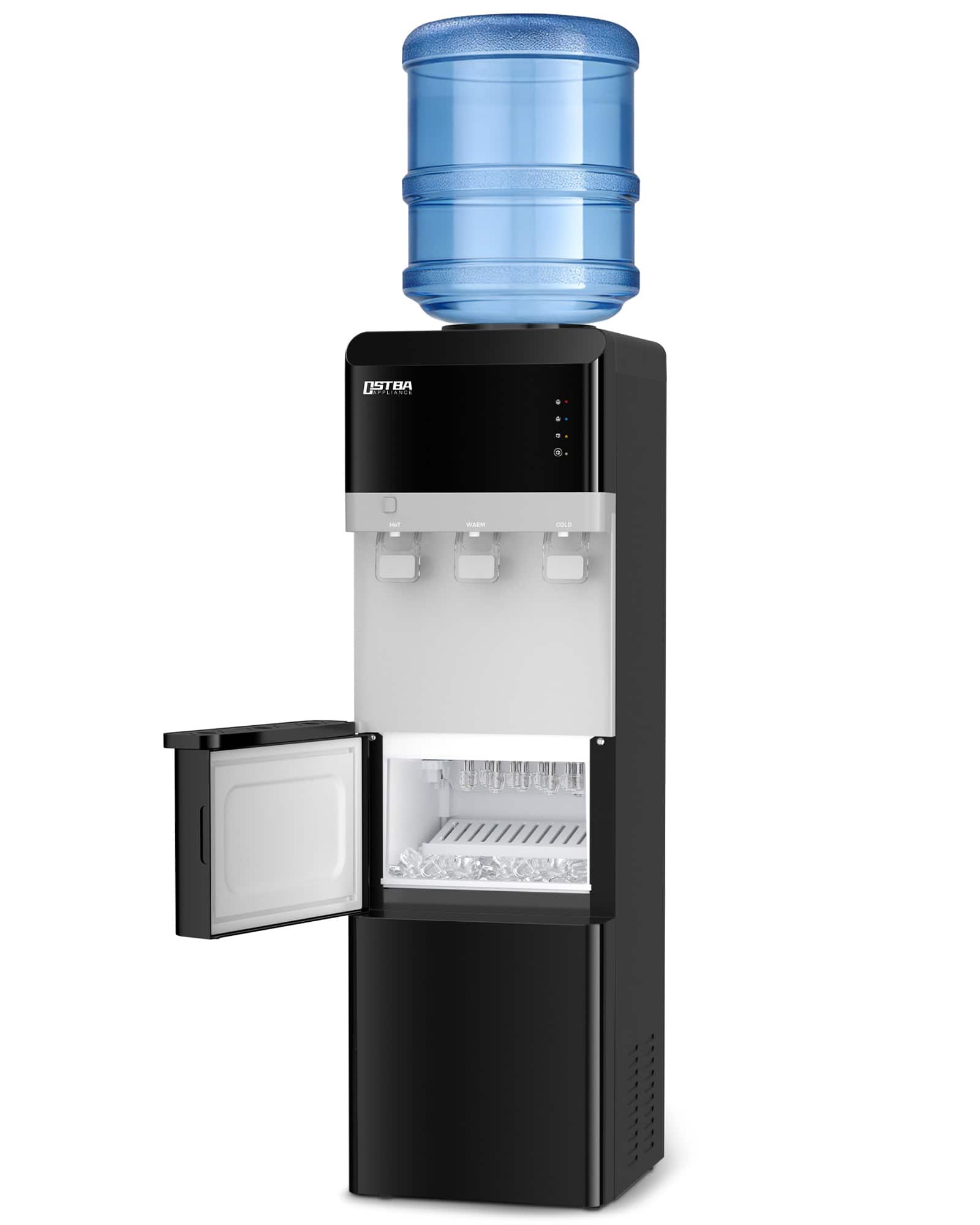 OSTBA - 4-in-1 Water & Ice Dispenser, Hot, Cold & Room Temperature Water with Bullet Ice Maker,Fits 3 & 5 Gallon Bottles - Black