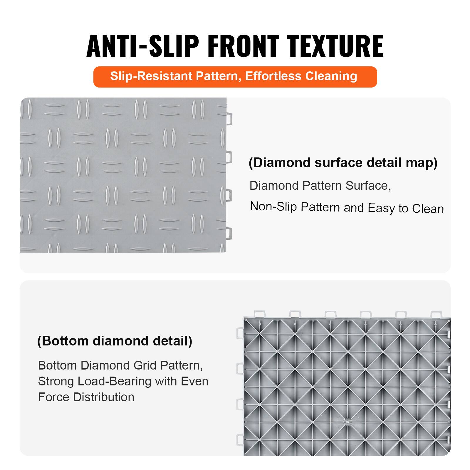 ANTI-SLIP FRONT TEXTURE  
Slip-Resistant Pattern, Effortless Cleaning  

(Diamond surface detail map)  
Diamond Pattern Surface, Non-Slip Pattern and Easy to Clean  

(Bottom diamond detail)  
Bottom Diamond Grid Pattern, Strong Load-Bearing with Even Force Distribution