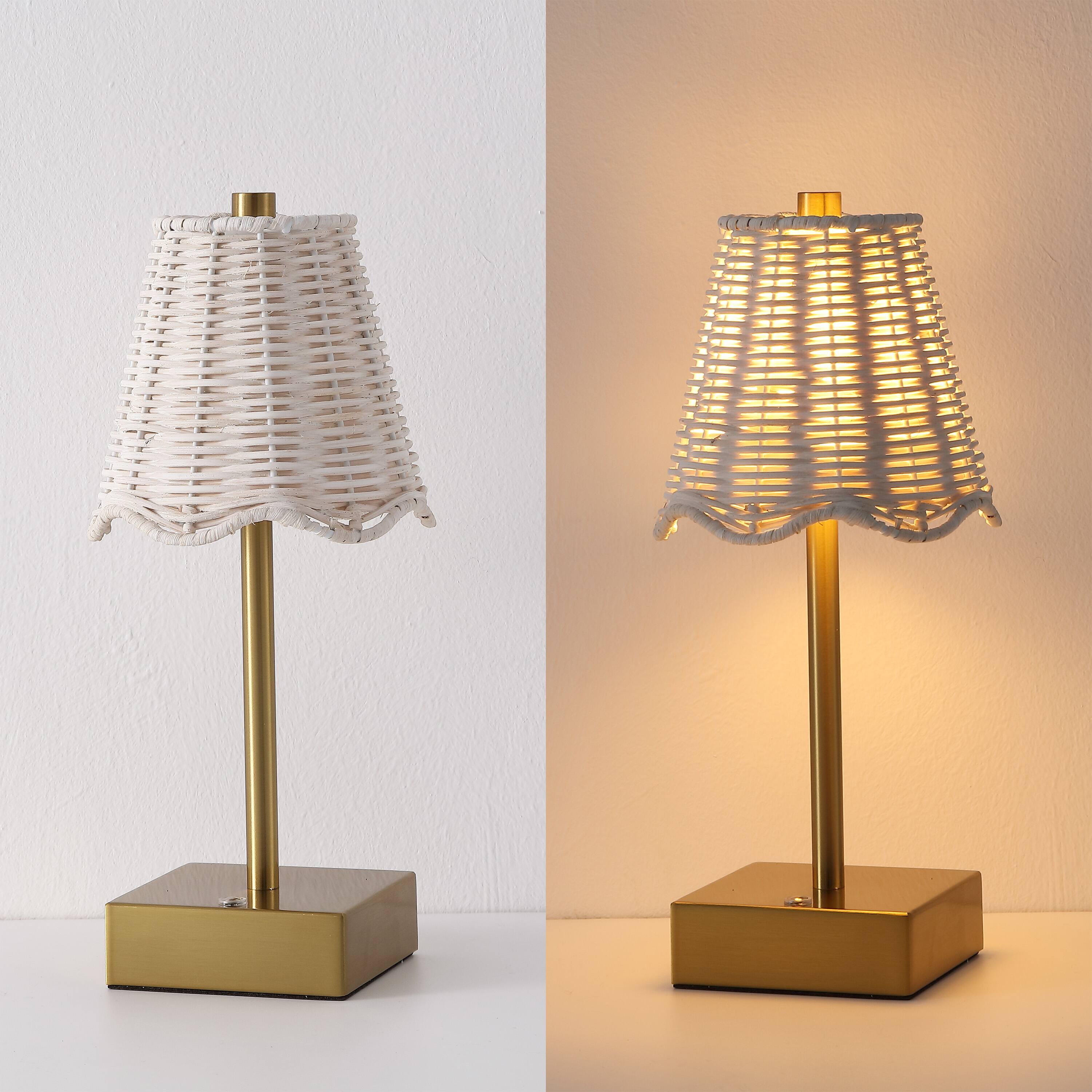 Alt View 5. Jonathan Y - Willow 11" Coastal Bohemian Cordless Rechargeable Table Lamp Set of 2, Brass Gold with White Rattan Shade, Touch Dimmer - Brass Gold.
