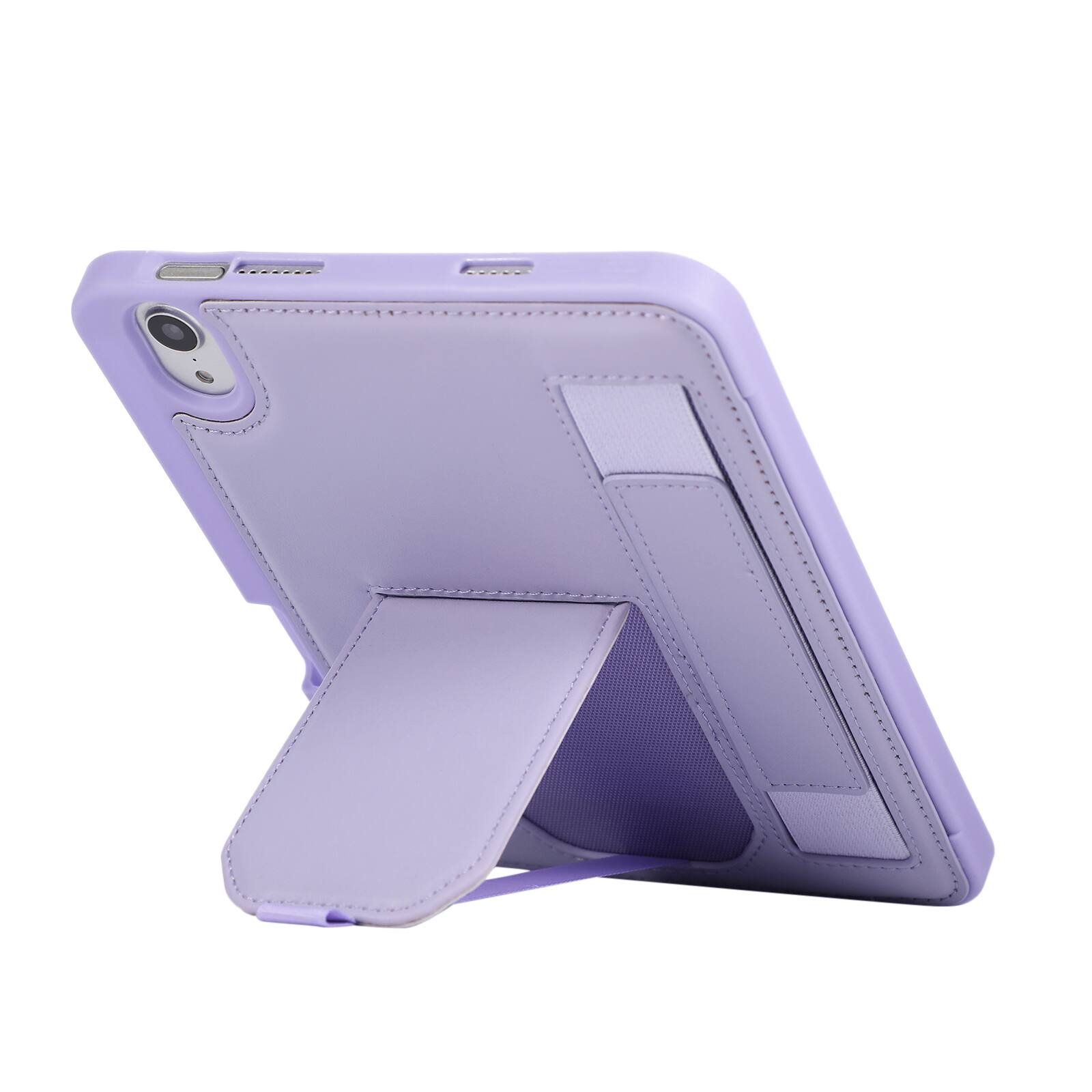 Angle. Dteck - Shockproof Case for Apple iPad mini (A17 Pro) 2024 with Hand Strap and Foldable Stand, PU Leather TPU Protective Cover - Purple.