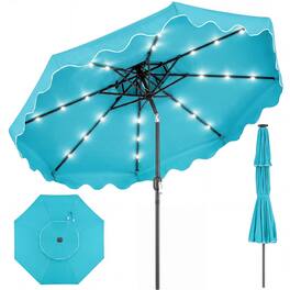 Costway - 9 FT Solar LED Patio Umbrella, Push-Button Tilt & Crank, 24 LED Lights & 8 Ribs - Turquoise