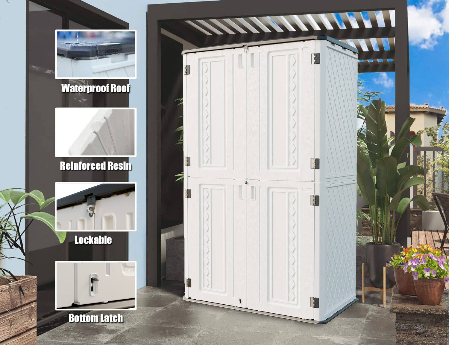Waterproof Roof  
Reinforced Resin  
Lockable  
Bottom Latch