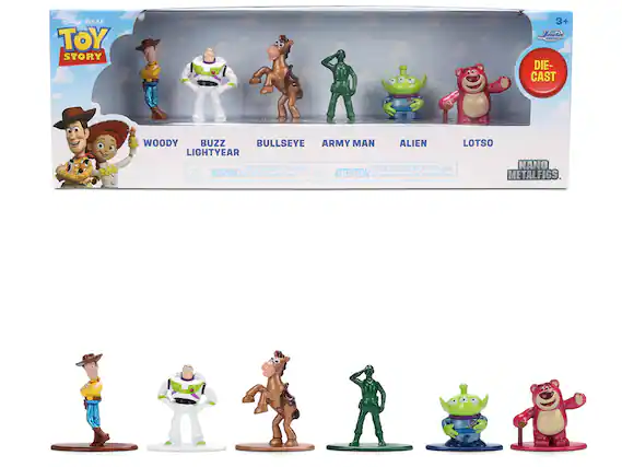 Diony PIXAR TOY STORY 3+ Jada ada DIE-CAST WOODY BUZZ BULLSEYE ARMY MAN ALIEN LOTSO LIGHTYEAR CHOKING HAZARD Small parts RISQUE DE SUFFOCATION Pottes pieces NANO 1 WARNING: dt tr childen under 3 years ATTENTION: Ve convient ORS auX entants de moins de 3 ans METALFIGS