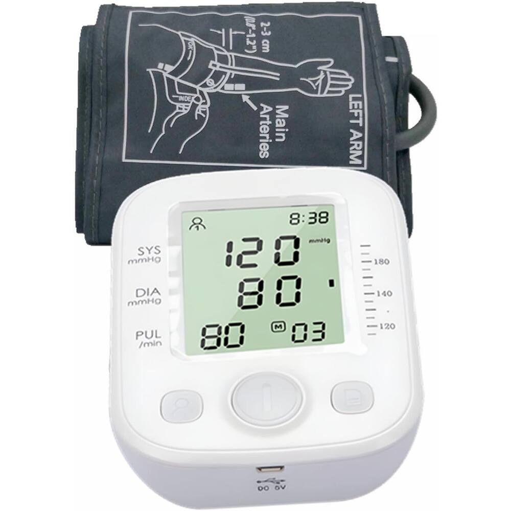 Sure, here is the corrected and grouped text from the image:

- **2-3 cm INDE**
- **Arteries Main LEFT ARM**
- **SYS mmHg**
- **DIA mmHg**
- **PUL /min**
- **8:38**
- **120**
- **80**
- **80**
- **03**