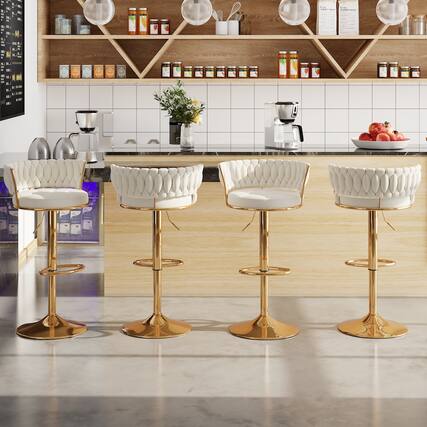 Front. Vecelo - Set of 4 Velvet Bar Stools with 360° Swivel & Adjustable Height - Modern Counter Stools - White.