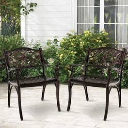 Costway - 2 PCS Cast Aluminum Patio Chairs Set of 2 Outdoor Dining with Armrests & Curved Seats - Bronze