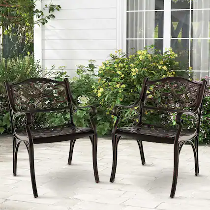 Front. Costway - Costway 2 PCS Cast Aluminum Patio Chairs Set of 2 Outdoor Dining with Armrests & Curved Seats Bronze - Bronze.