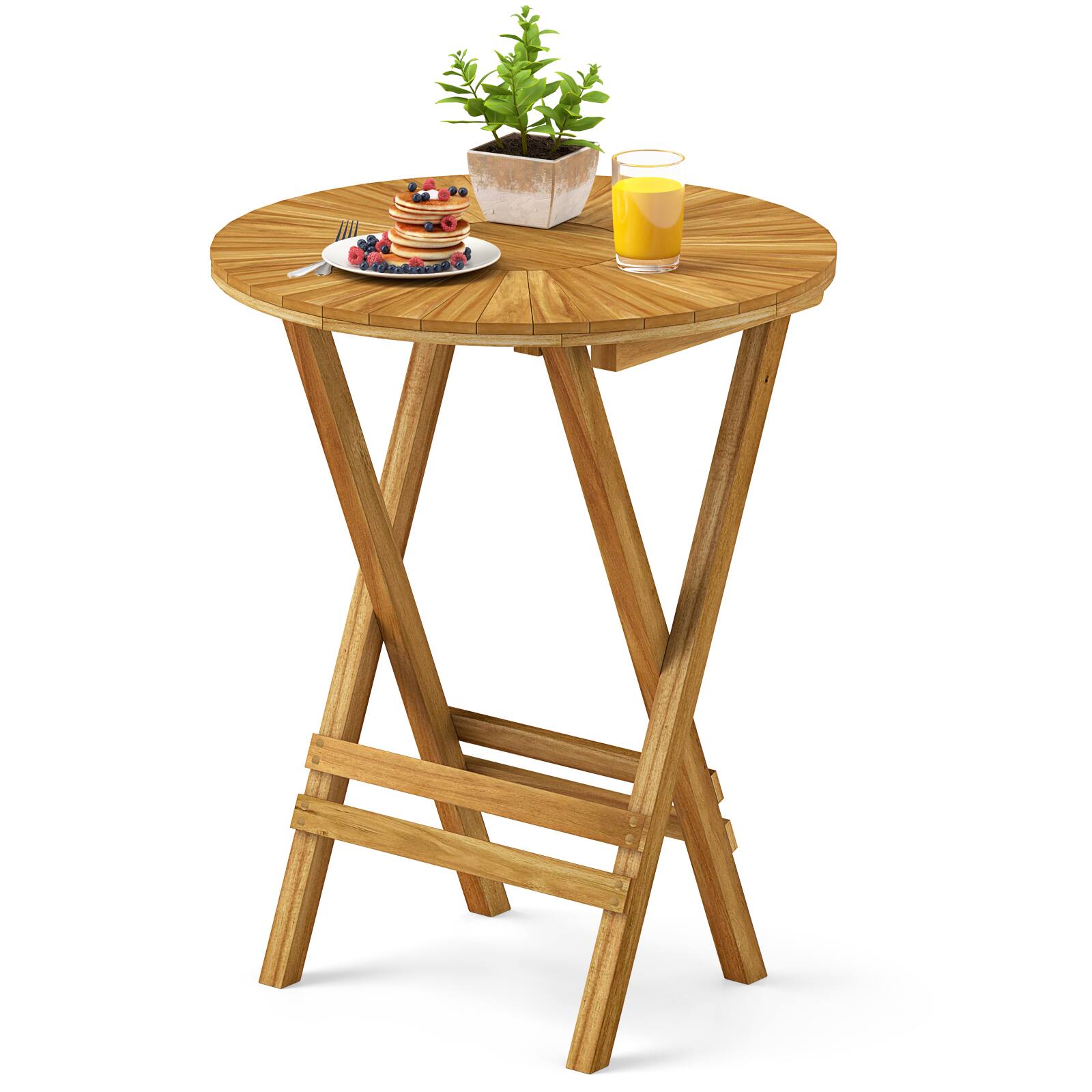 Front. Gymax - Gymax Patio Folding Side Table 23.5'' Teak Wood Round End Table Fully Assembled Natural - Natural.