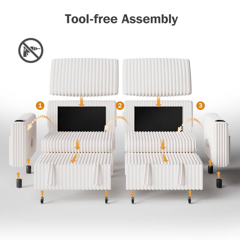 Tool-free Assembly

1. Place the top panel.
2. Attach the side panels.
3. Add the legs.