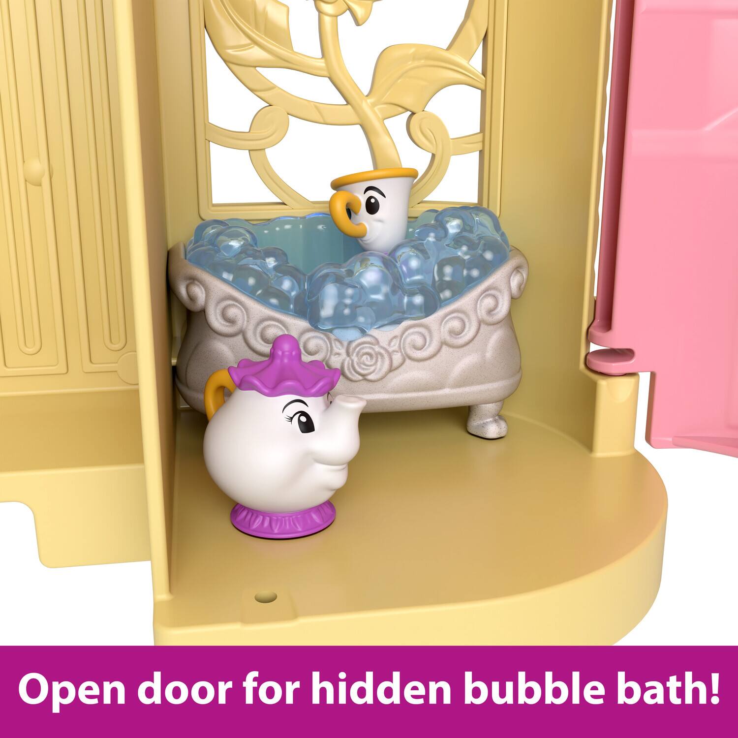 Open door for hidden bubble bath!