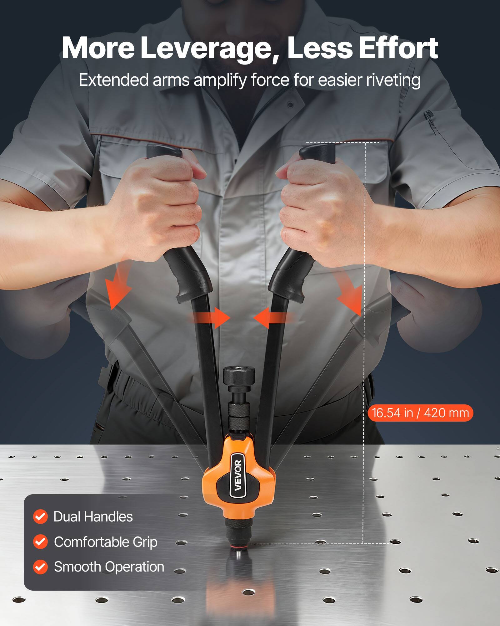 More Leverage, Less Effort  
Extended arms amplify force for easier riveting  

16.54 in / 420 mm  

Dual Handles  
Comfortable Grip  
Smooth Operation