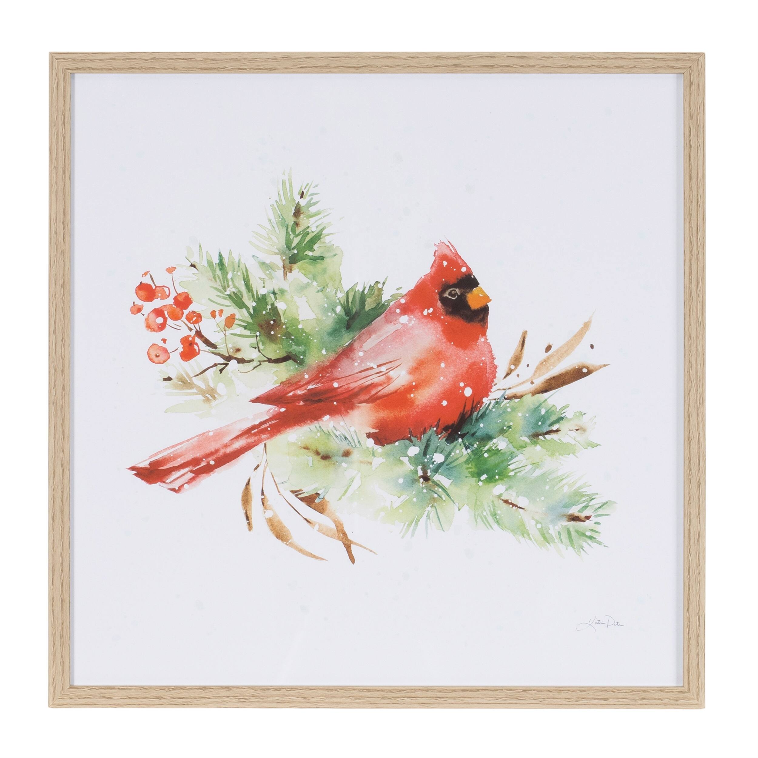 Angle. BreeBe - Framed Winter Cardinal Print Under Glass (Set of 2) - White, Red, Green.