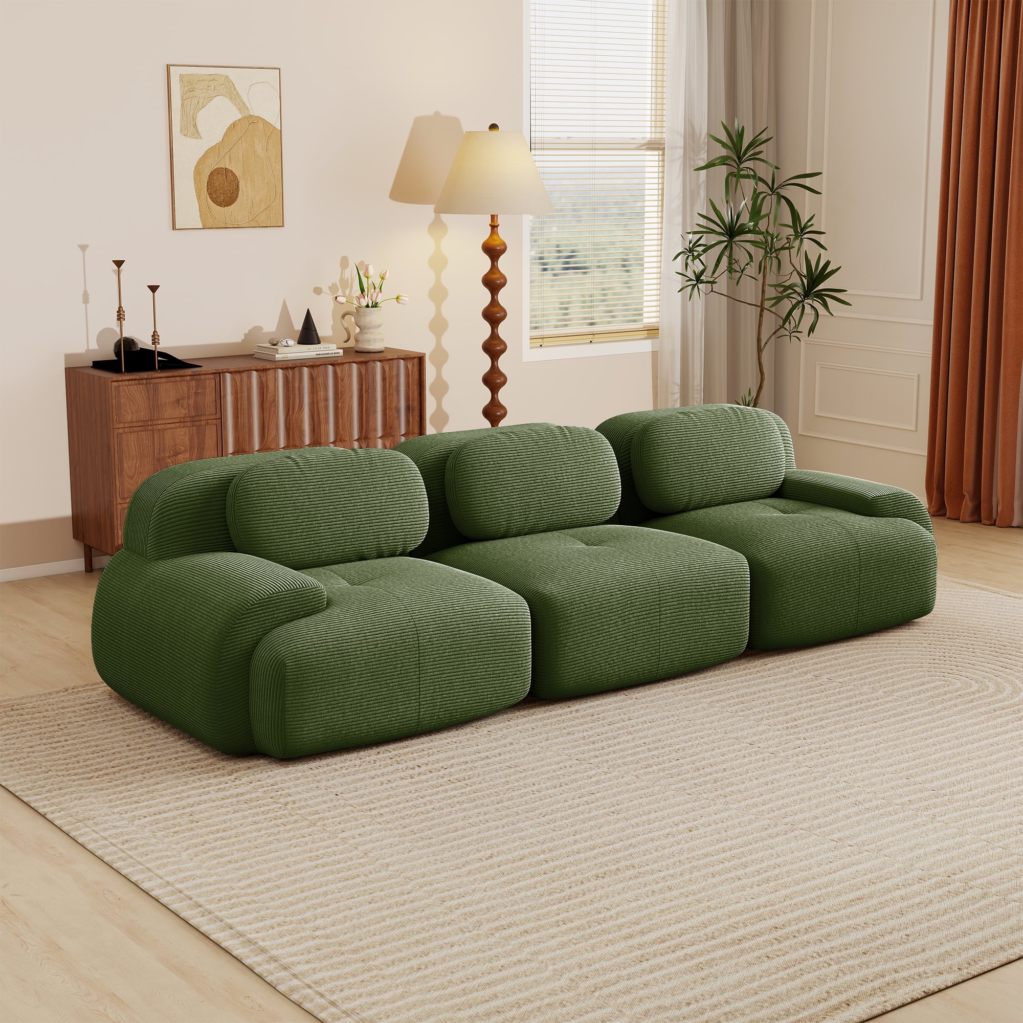 Front. Aukfa - 3 seats Modular Corduroy Sectional Sofa with Ergonomic Support - Pet Friendly, Easy Assembly, Non-Slip Base Design - Green.