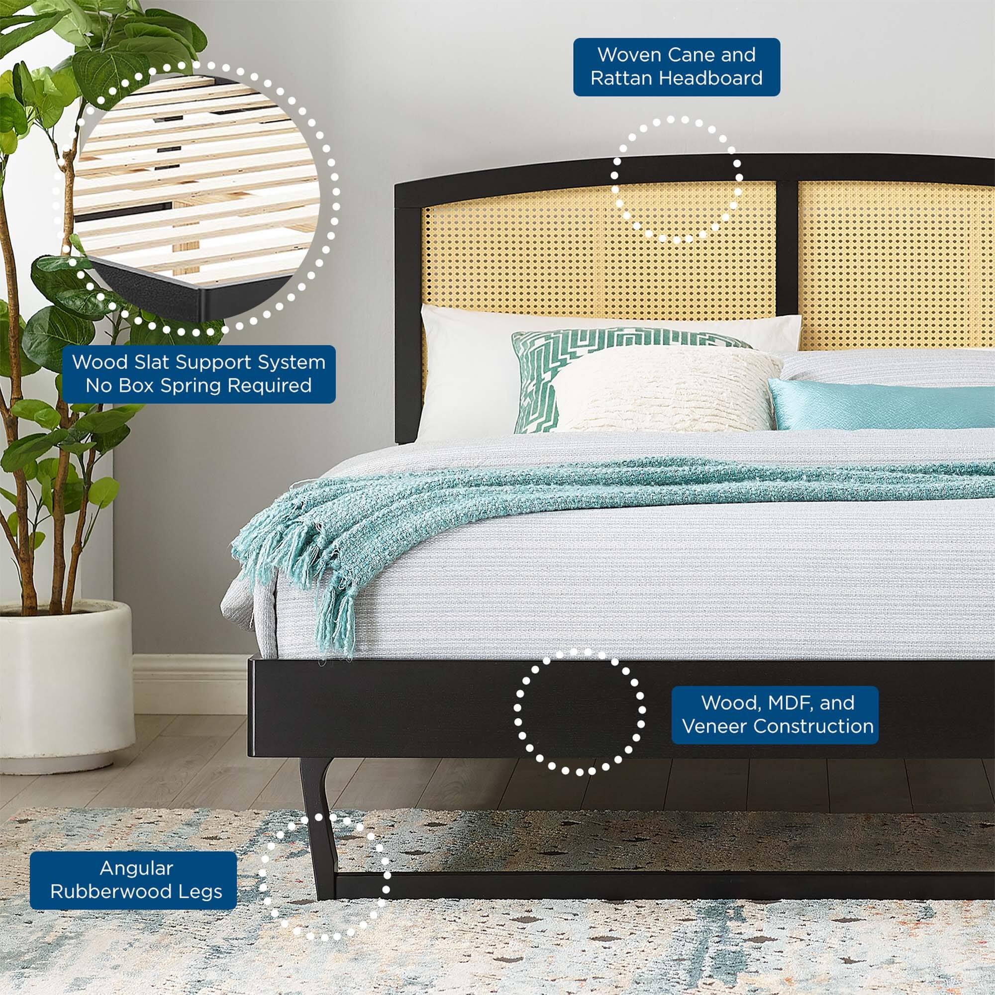 - Woven Cane and Rattan Headboard
- Wood Slat Support System
  - No Box Spring Required
- Angular Rubberwood Legs
- Wood, MDF, and Veneer Construction