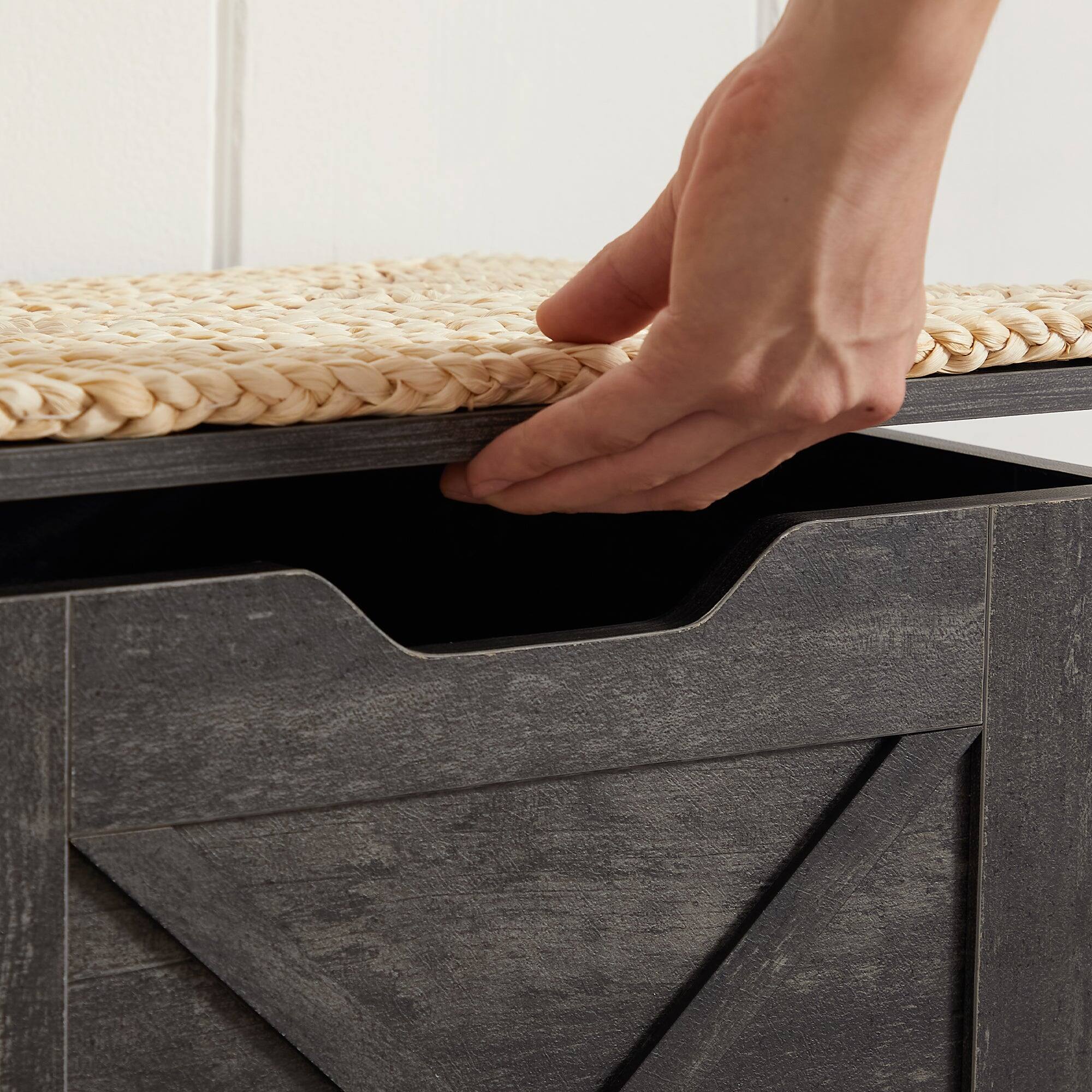 Left. Vecelo - 17.7" Wood Storage Chest with Safety Hinge, Entryway Storage Bench Trunk with Lid - Grey.