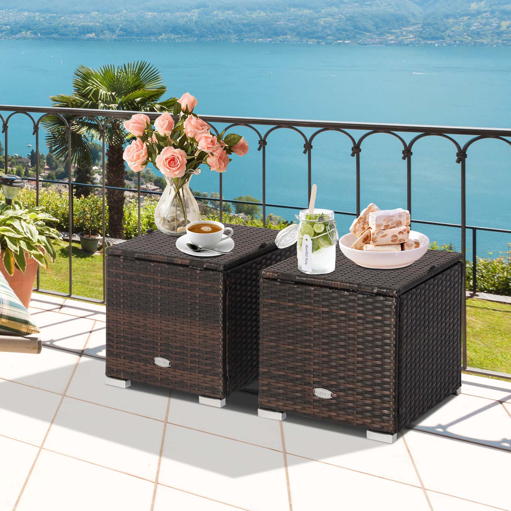 Back. Costway - 2PCS Patio Rattan Ottomans Seat Side Table Storage Box Footstool with Cushion - Black.