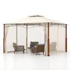 Front. Gymax - Gymax 12' x 10' Outdoor Patio Gazebo w/ Netting 2-Tier Canopy Roof Metal Frame - Beige, Natural.