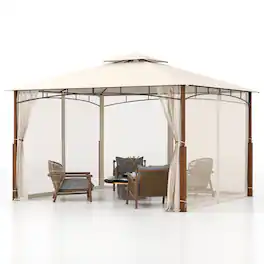 Gymax - 12' x 10' Outdoor Patio Gazebo w/ Netting 2-Tier Canopy Roof Metal Frame - Beige, Natural