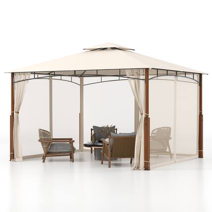 Front. Gymax - Gymax 12' x 10' Outdoor Patio Gazebo w/ Netting 2-Tier Canopy Roof Metal Frame - Beige, Natural.