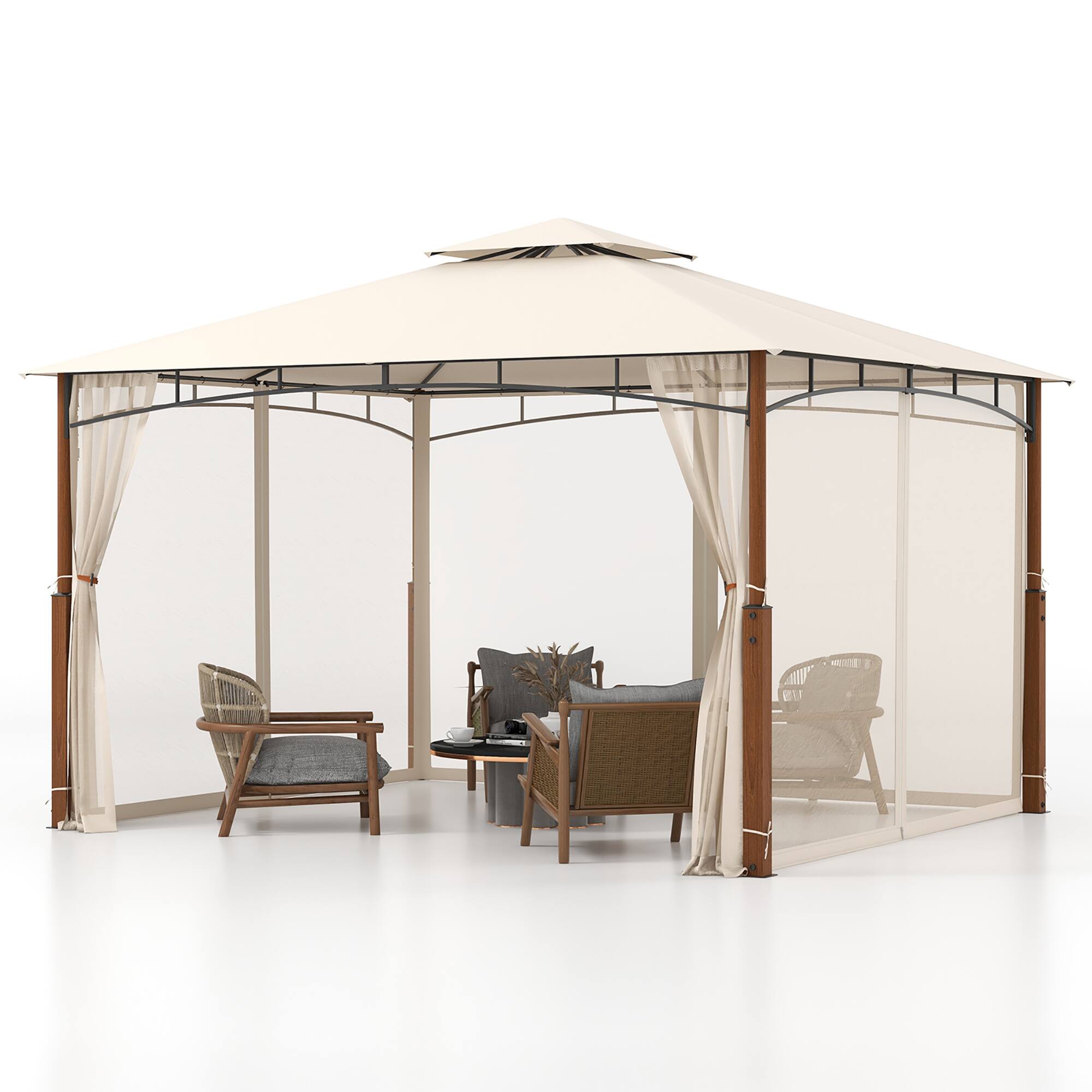 Front. Gymax - Gymax 12' x 10' Outdoor Patio Gazebo w/ Netting 2-Tier Canopy Roof Metal Frame - Beige, Natural.