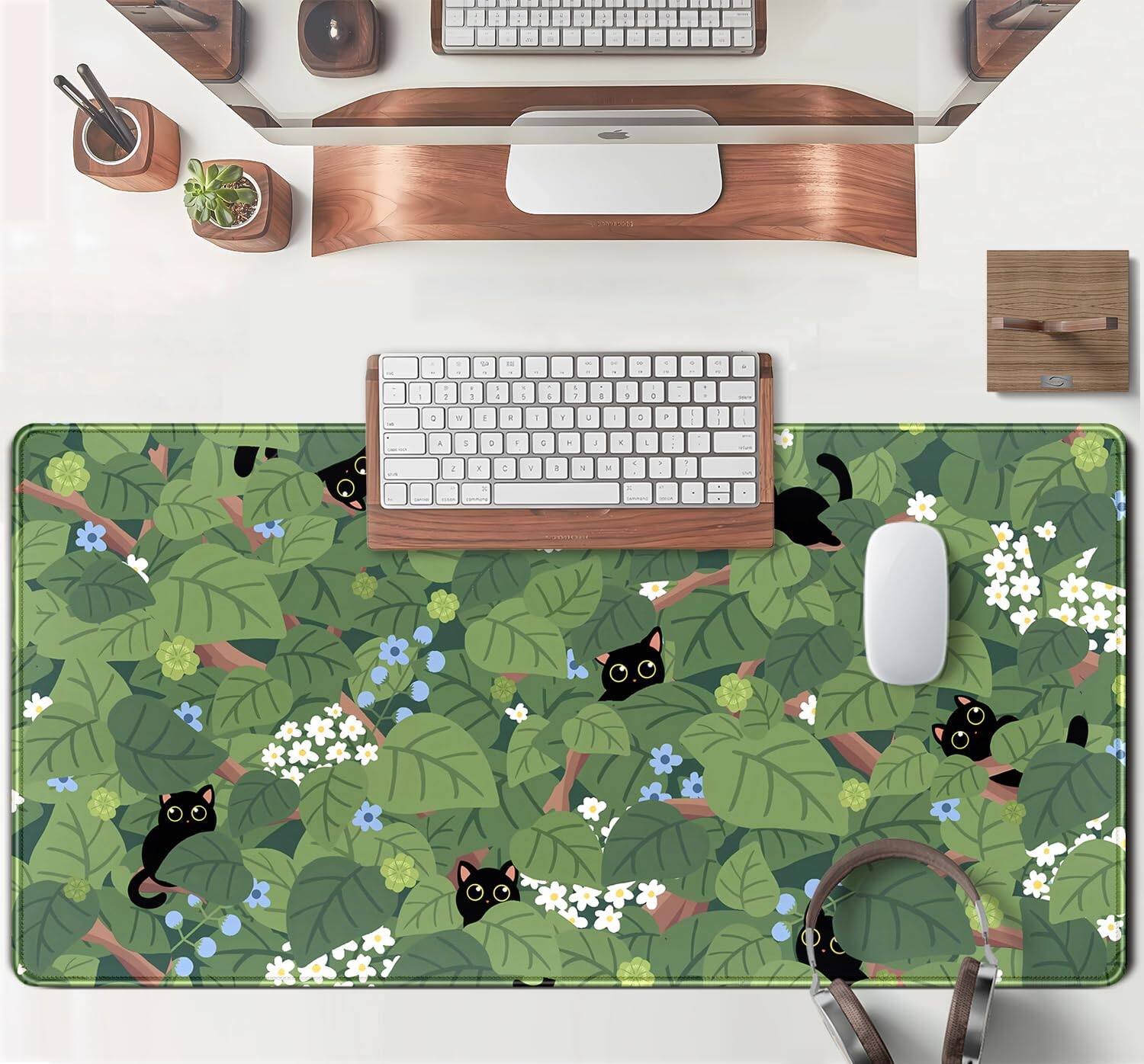 Alt View 1. Fabibe - Anime Aesthetic Black Cat Forest Plant Desk Mat  Green Sage Xxl Large Extended Mouse Pad Gaming Cute Cats Laptop And ... - Green Plant Lovers.