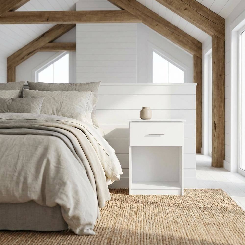 Angle. FurniFact - White Nightstand with Handle and Spacious Drawer for Bedroom Storage - Solid White.
