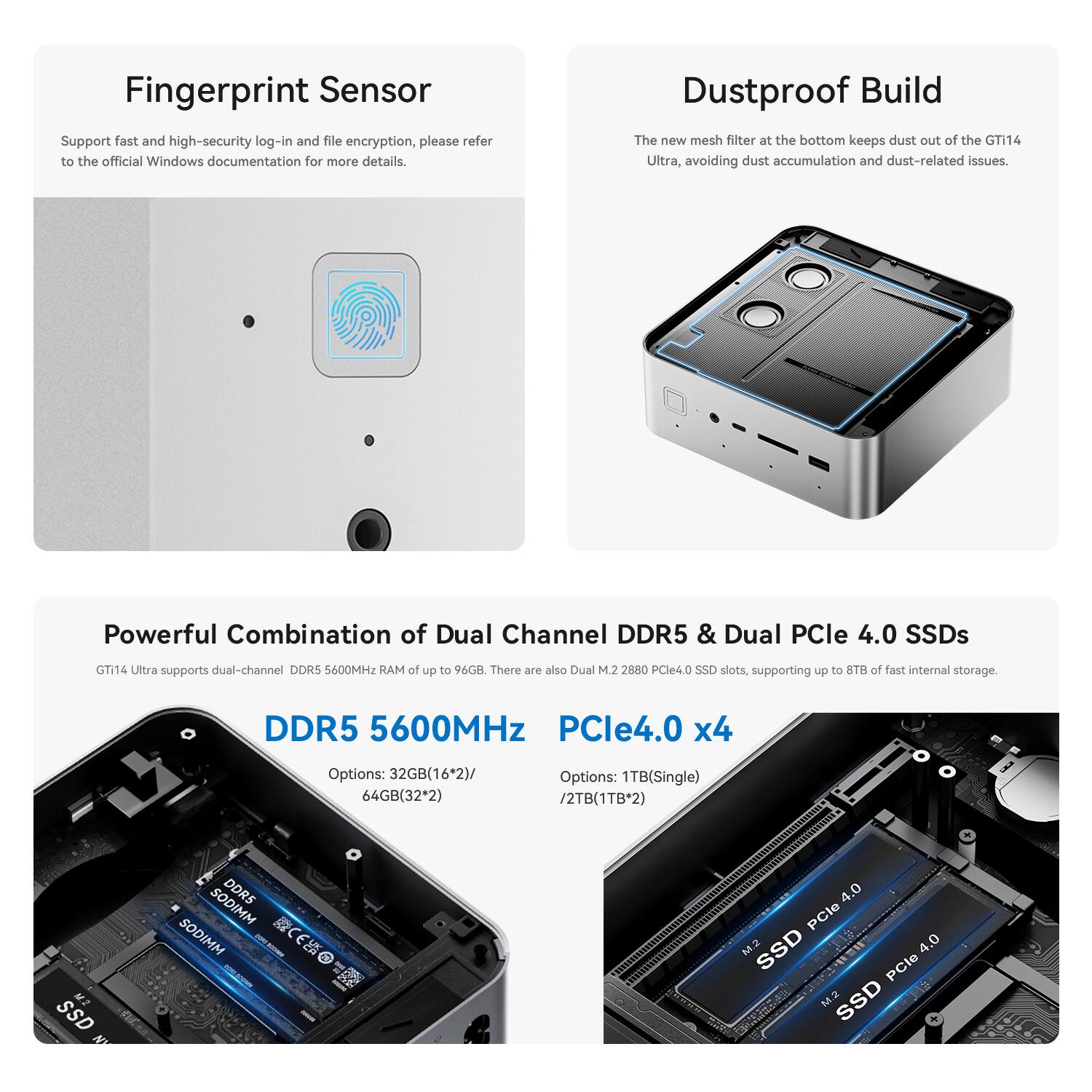 Fingerprint Sensor  
Support fast and high-security log-in and file encryption, please refer to the official Windows documentation for more details.  

Dustproof Build  
The new mesh filter at the bottom keeps dust out of the GT114 Ultra, avoiding dust accumulation and dust-related issues.  

Powerful Combination of Dual Channel DDR5 & Dual PCle 4.0 SSDs  
GT114 Ultra supports dual-channel DDR5 5600MHz RAM of up to 96GB. There are also Dual M.2 2880 PCle 4.0 slots supporting up to 8TB of fast internal storage.  

DDR5 5600MHz  
Options: 32GB(16*2) / 64GB(32*2)  

PCle4.0 x4  
Options: 1TB(Single) / 2TB(1TB*2)