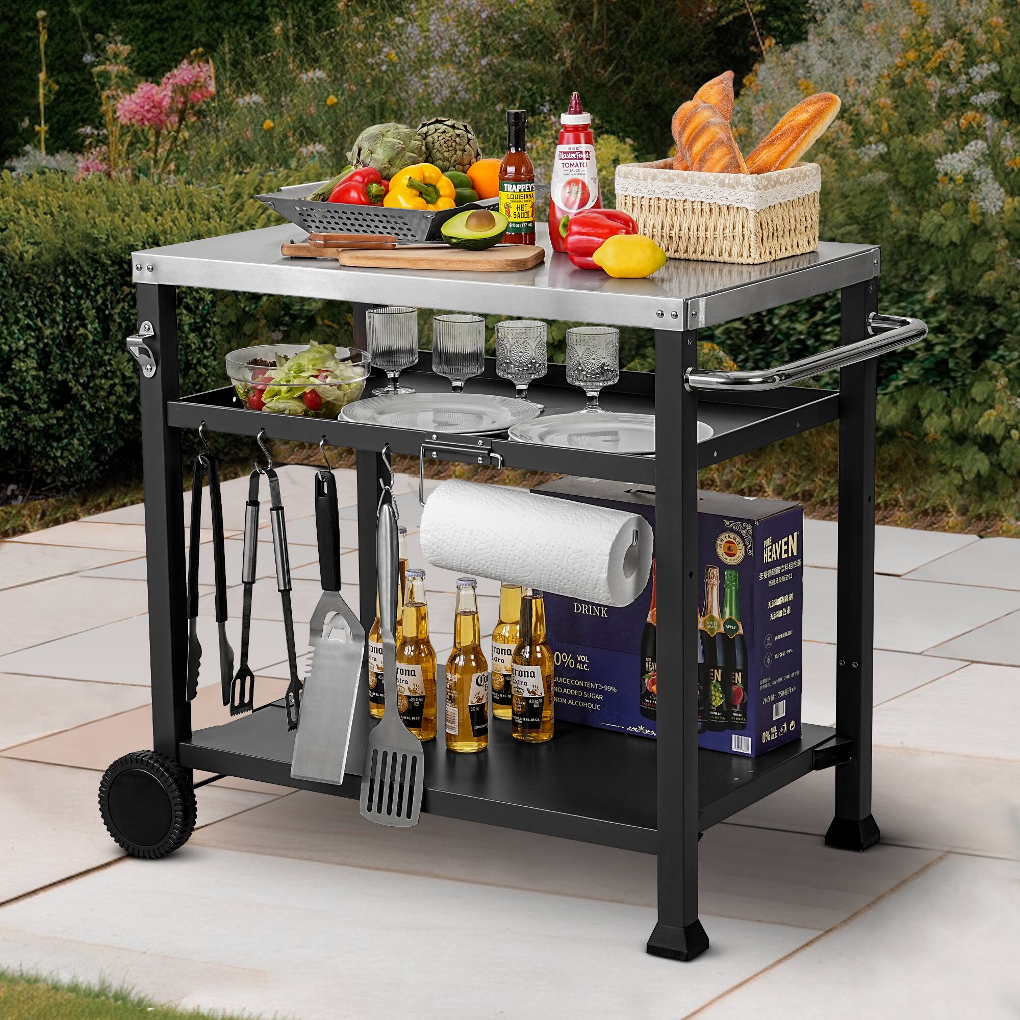 FEASTO 3 Shelf Outdoor Grill Cart with Wheels, Pizza Oven Stand