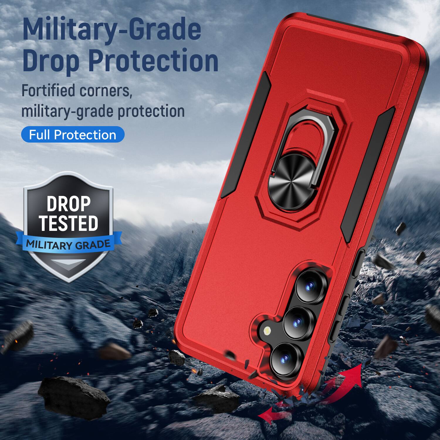 Military-Grade Drop Protection  
Fortified corners, military-grade protection  
Full Protection  

DROP TESTED  
MILITARY GRADE